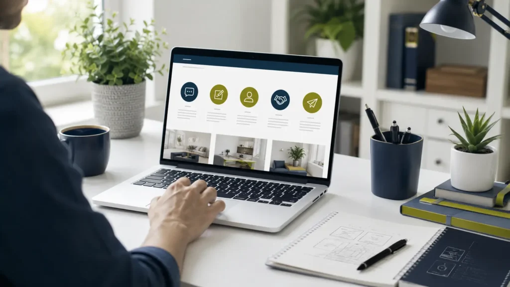 Persoon kiest op een laptop de juiste contactroute voor vragen, registratie of partneraanvragen bij Wonen 4u.