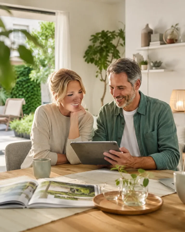 Sfeervolle FAQ-afbeelding van bewoners die samen praktische wooninformatie bekijken in een lichte woning met natuurlijke materialen, groene accenten en een rustige huiselijke sfeer.