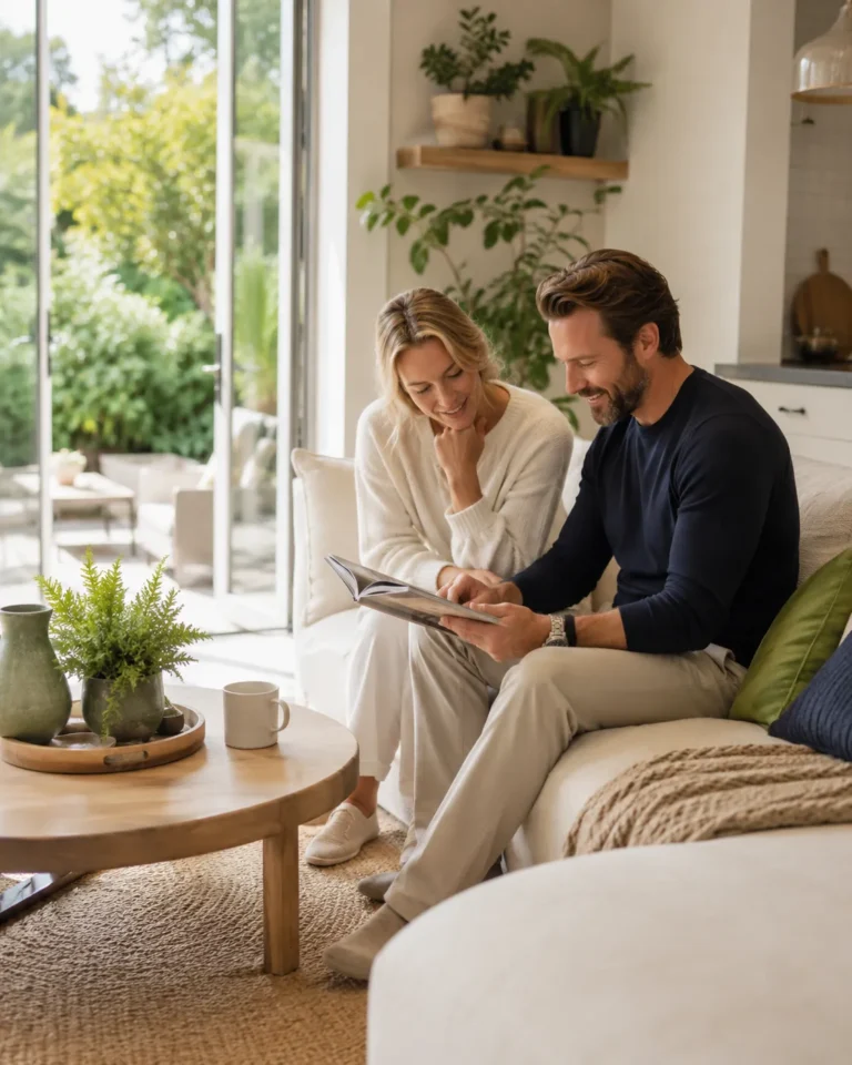 Stel bekijkt woonadvies in een lichte woonkamer met planten en natuurlijke materialen