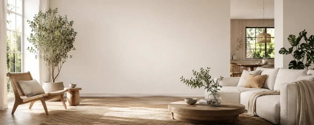 Modern duurzaam interieur met lichte woonkamer, houten accenten en groene kamerplanten