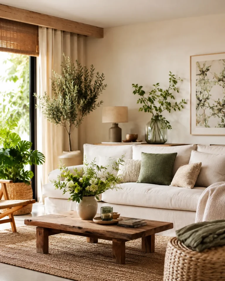 Sfeervolle interieurfoto van een lichte woonkamer met natuurlijke materialen, houten meubels, zachte kleuren en groene kamerplanten voor inspiratie rond comfortabel wonen.