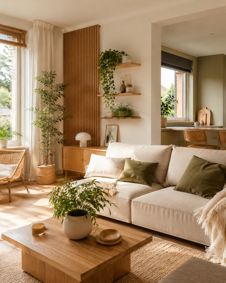 Modern comfortabel interieur met lichte woonkamer, houten accenten en groene planten